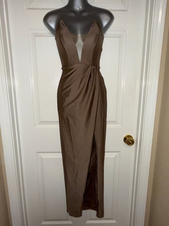 Michael Costello X Revolve Dresses & Skirts - Michael Costello x Revolve Bronze Satin Gown Plunging Neck | High Slit Maxi XXS